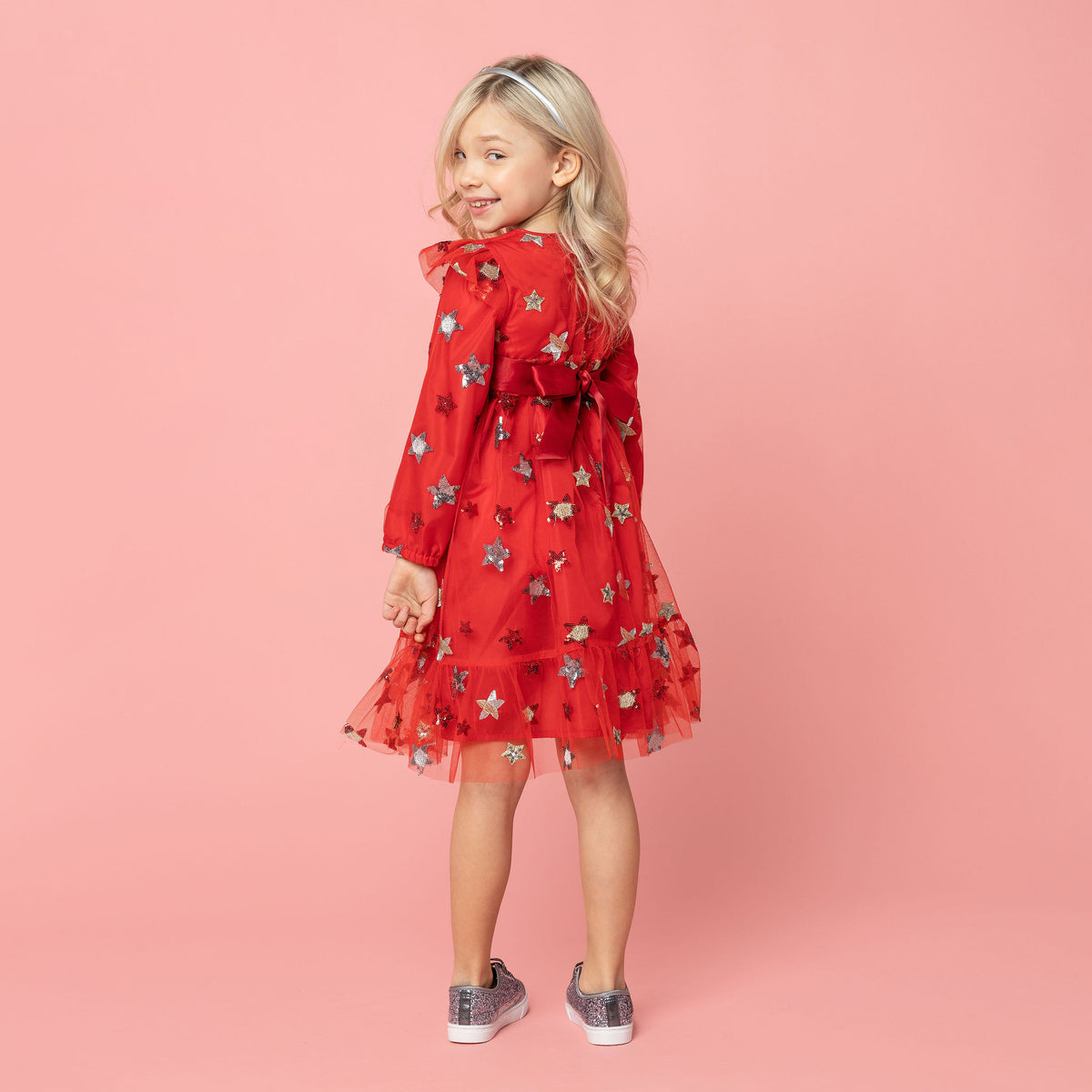 Seren Embroidered Sequin Star Girls Party Dress Red | Holly Hastie London