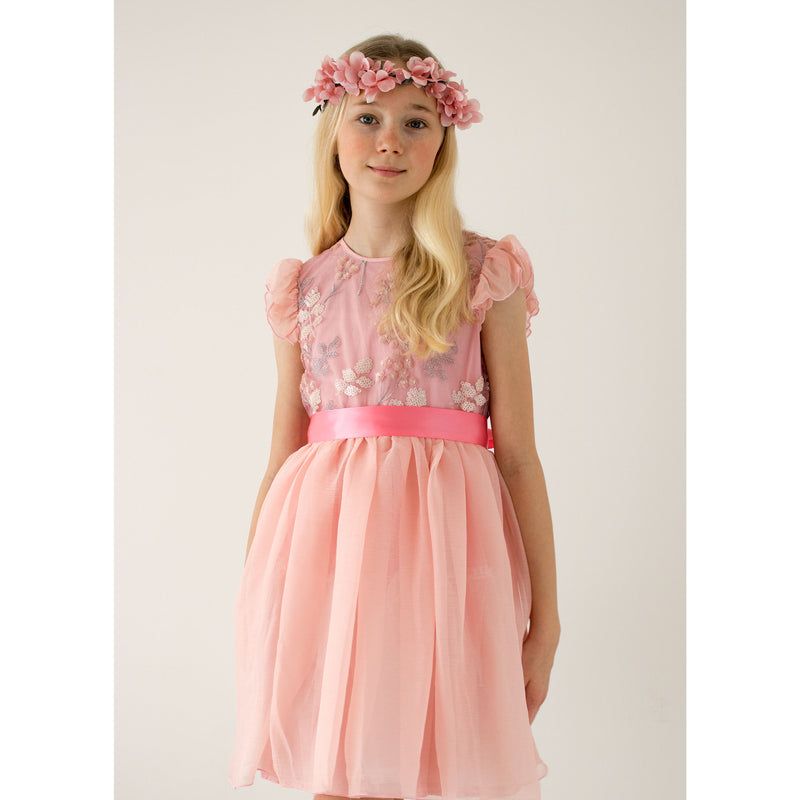 Girls Party Dress Shimmer Pink Blossom Sequin Embroidered | Holly Hastie London