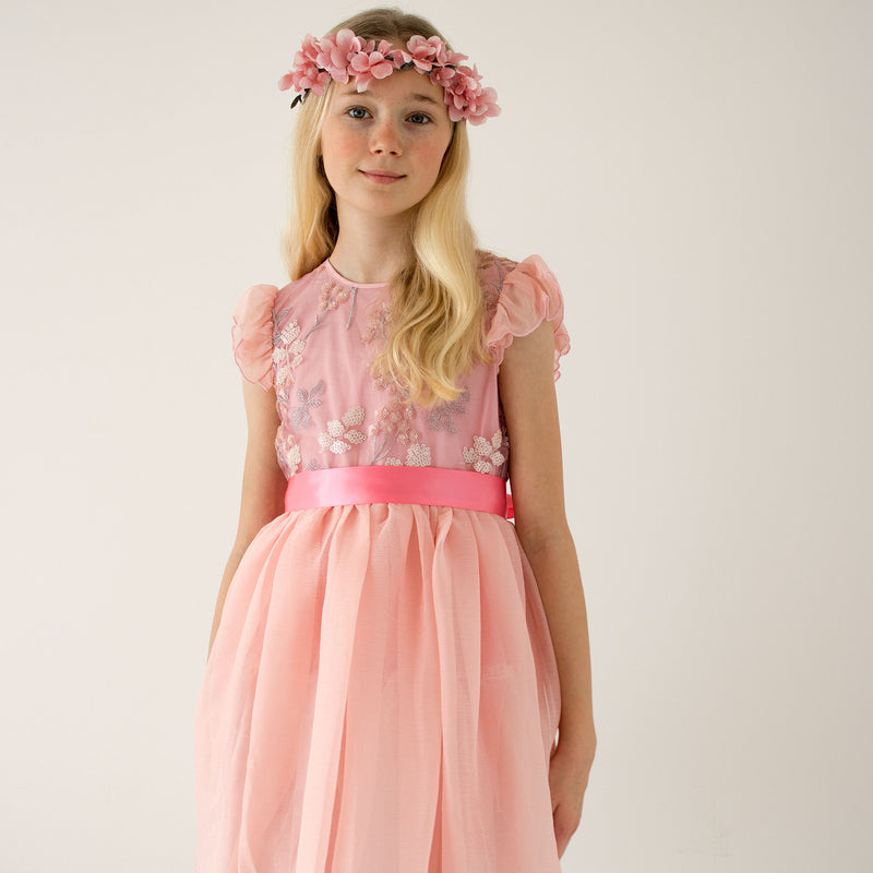 Girls Party Dress Shimmer Pink Blossom Sequin Embroidered | Holly Hastie London