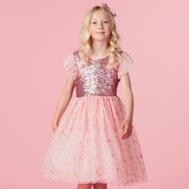 Girls Designer Party Dress Shimmer Pink Sequin & Gold Star Tulle | Holly Hastie London