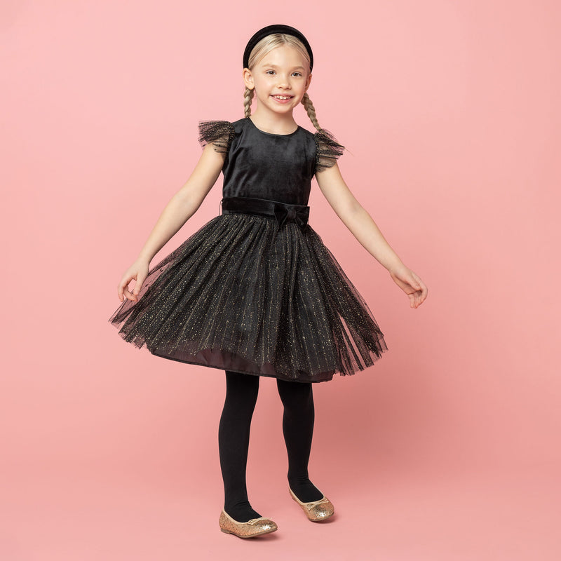 Wednesday Velvet & Glitter Tulle Girls Party Dress Black | Holly Hastie London