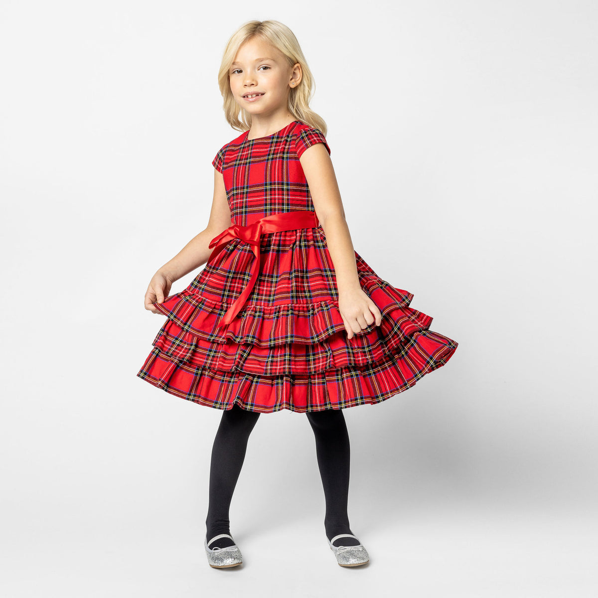 Arabella Frill Plaid Tartan Girls Party Dress, Red