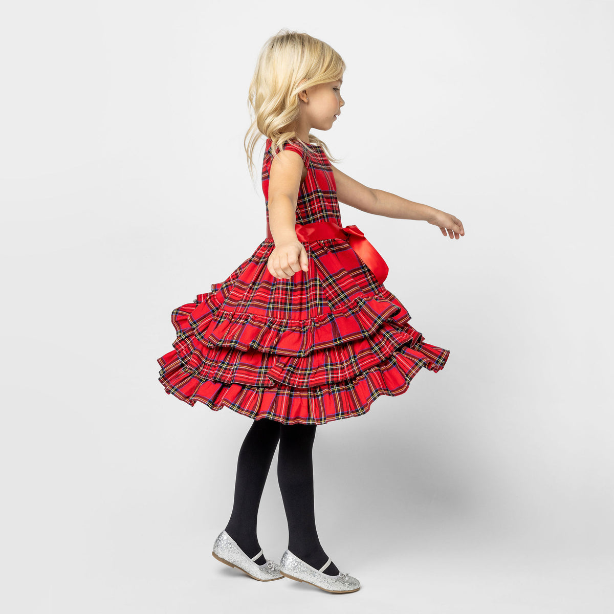 Arabella Frill Plaid Tartan Girls Party Dress, Red