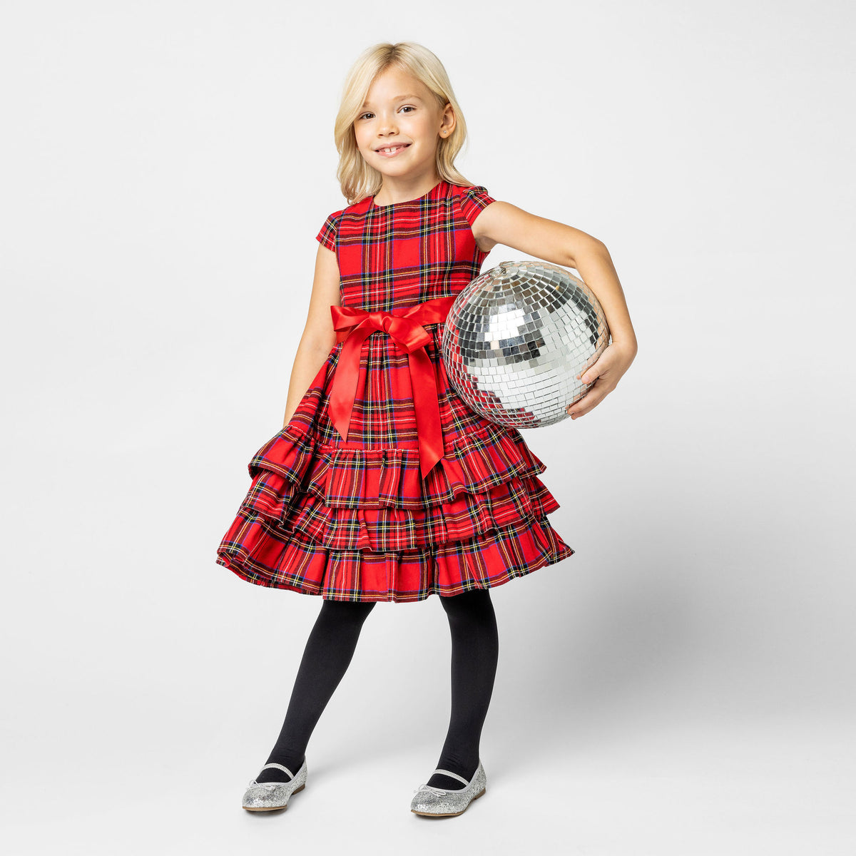 Arabella Frill Plaid Tartan Girls Party Dress, Red