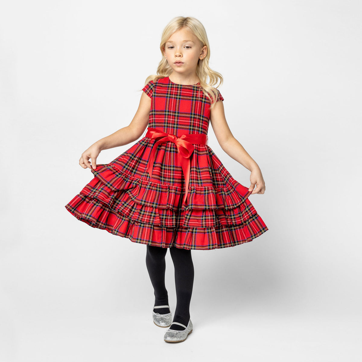 Arabella Frill Plaid Tartan Girls Party Dress, Red