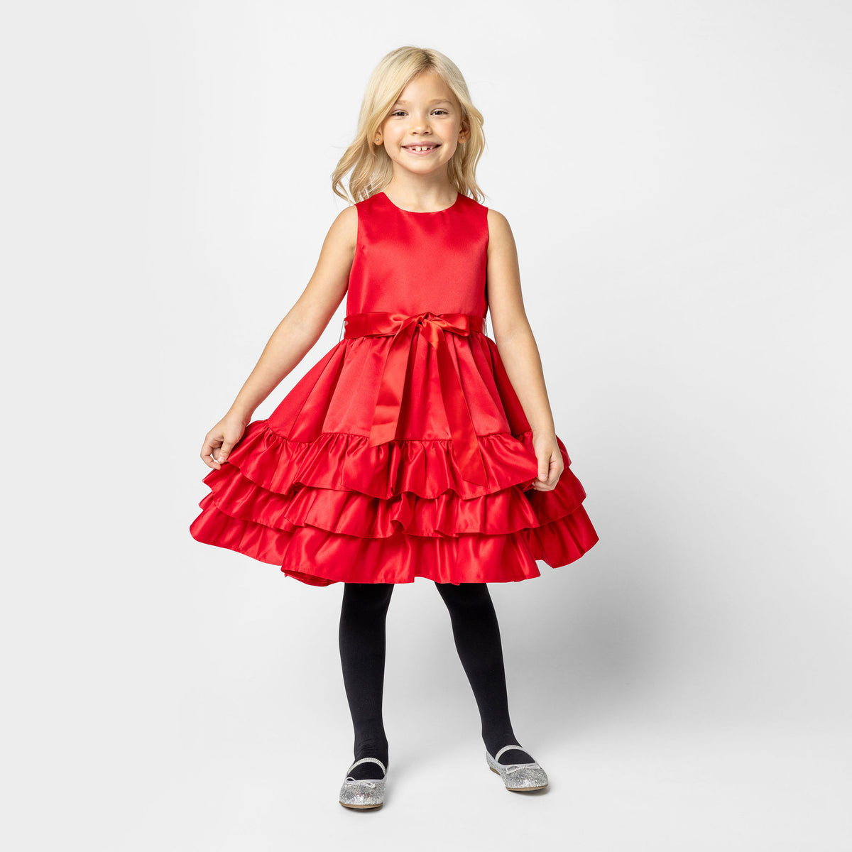 Arabella Frill Satin Girls Party Dress, Red