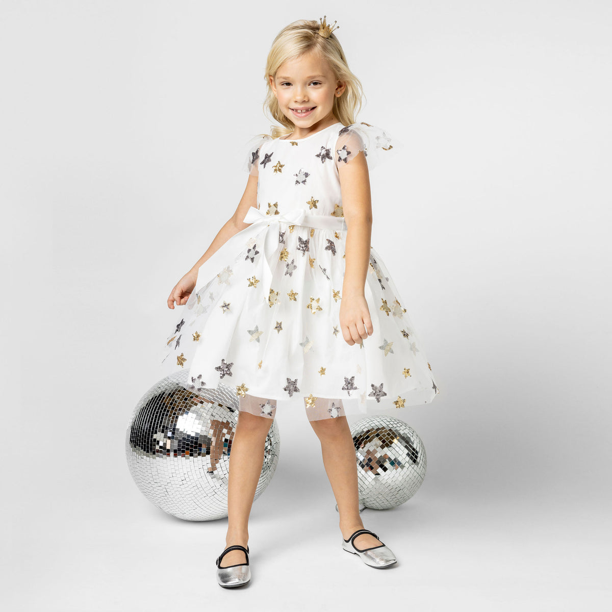 Aster Sequin Star Tulle Girls Party Dress, White