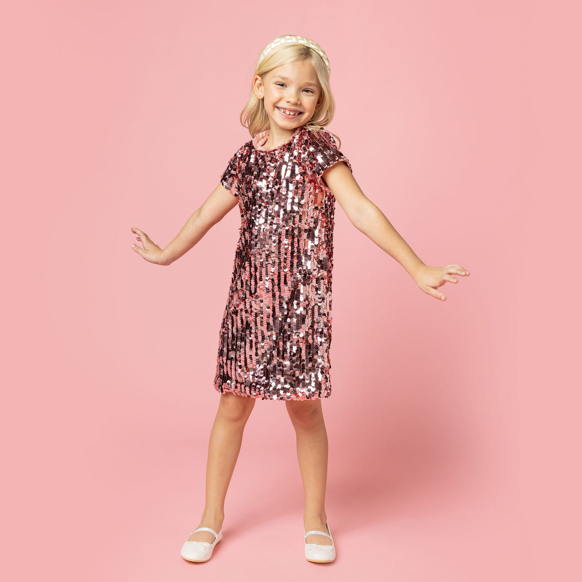 Coco Sequin Girls Party Dress, Blush Pink