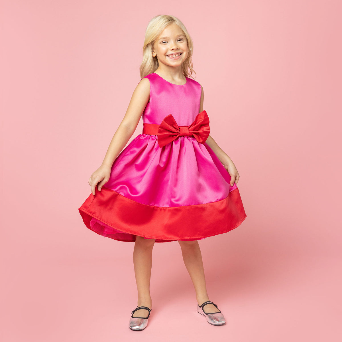 Girls Party Dress Florence Bow Satin Pink & Red | Holly Hastie London Holly Hastie | Girls Fashion Girls Party Dress Florence Bow Satin Pink & Red | Holly Hastie London Holly Hastie | Girls Fashion