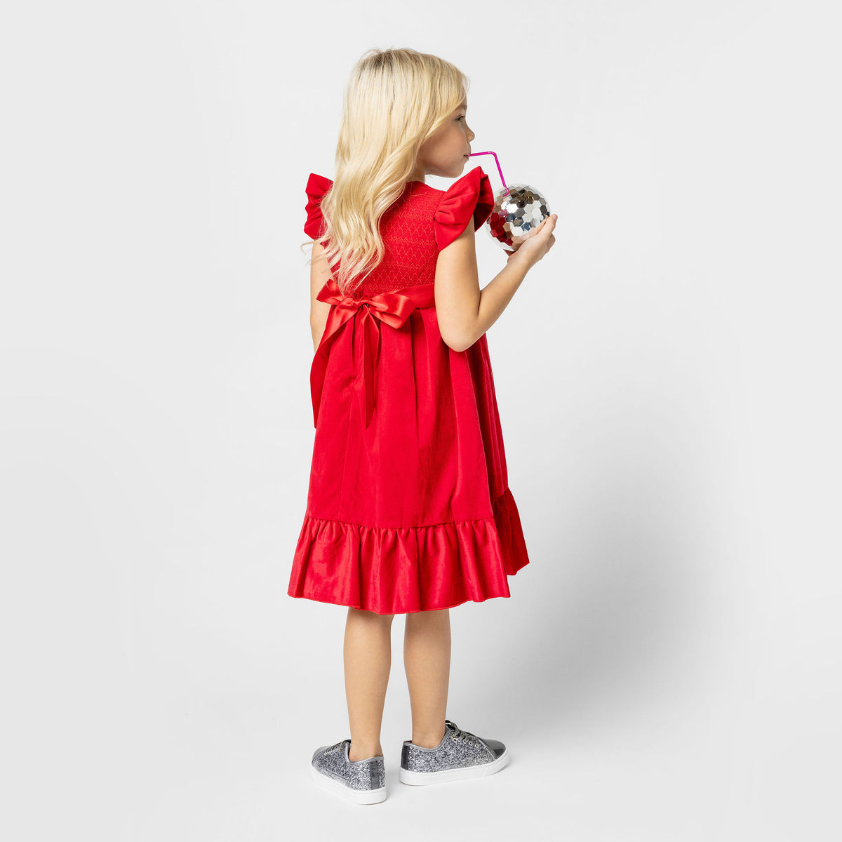 Poppy Smocked Velvet Girls Party Dress, Red